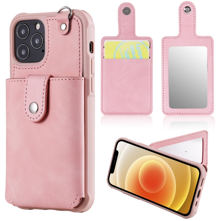 For iPhone 12 / 12 Pro Shockproof Protective Case with Mirror & Card Slot & Short Lanyard