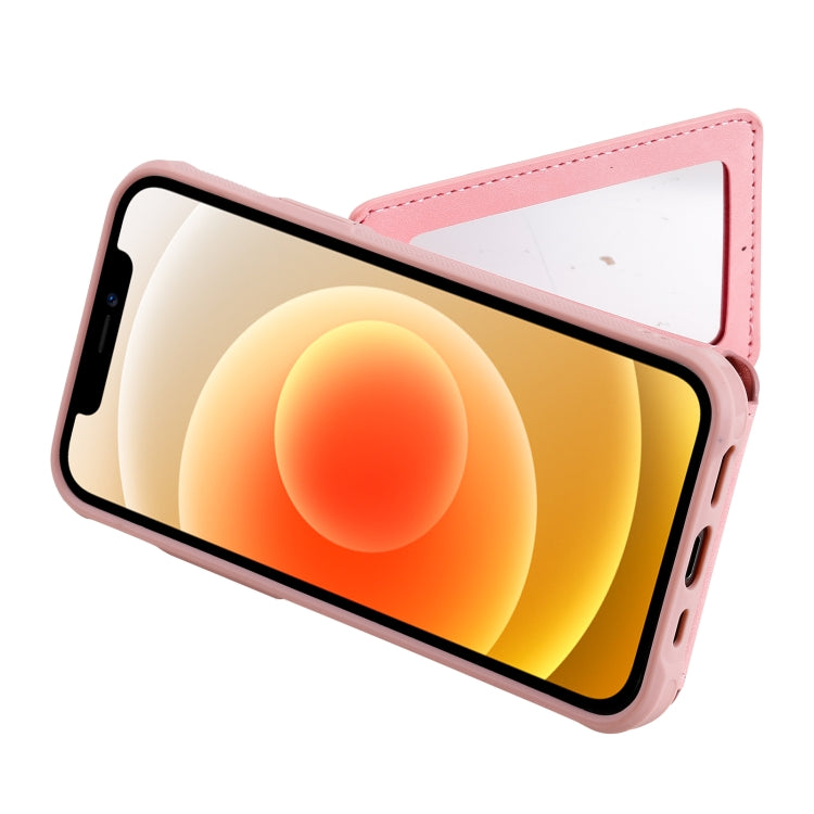 For iPhone 12 / 12 Pro Shockproof Protective Case with Mirror & Card Slot & Short Lanyard