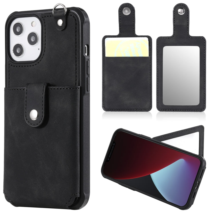 For iPhone 12 Pro Max Shockproof Protective Case with Mirror & Card Slot & Short Lanyard