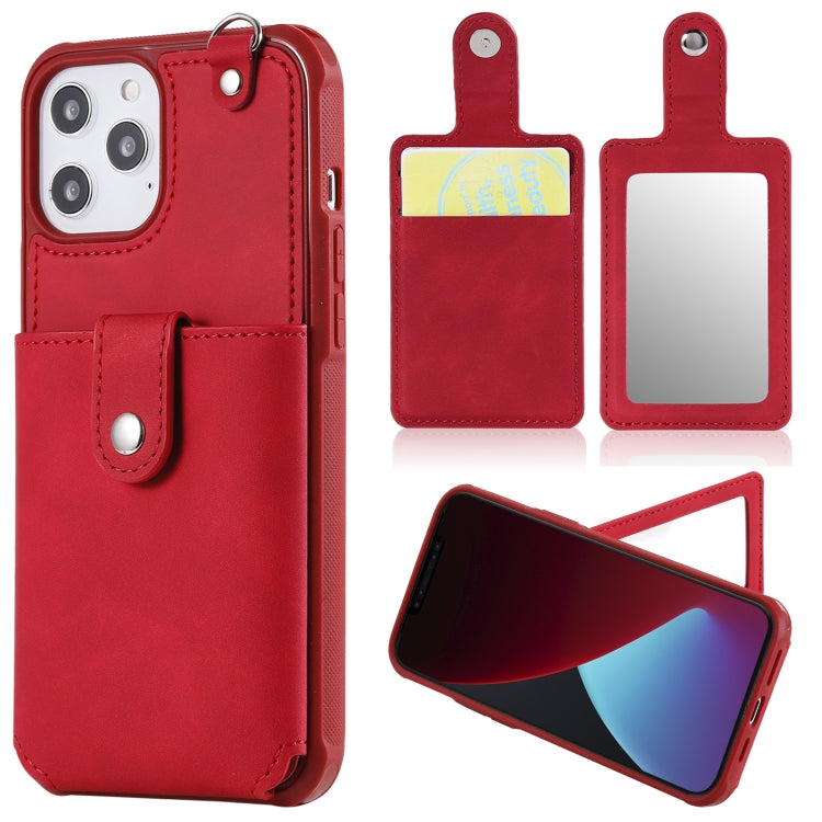 For iPhone 12 Pro Max Shockproof Protective Case with Mirror & Card Slot & Short Lanyard