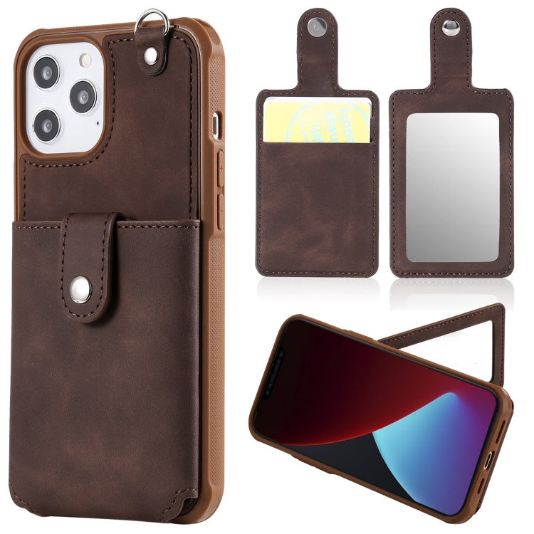 For iPhone 12 Pro Max Shockproof Protective Case with Mirror & Card Slot & Short Lanyard