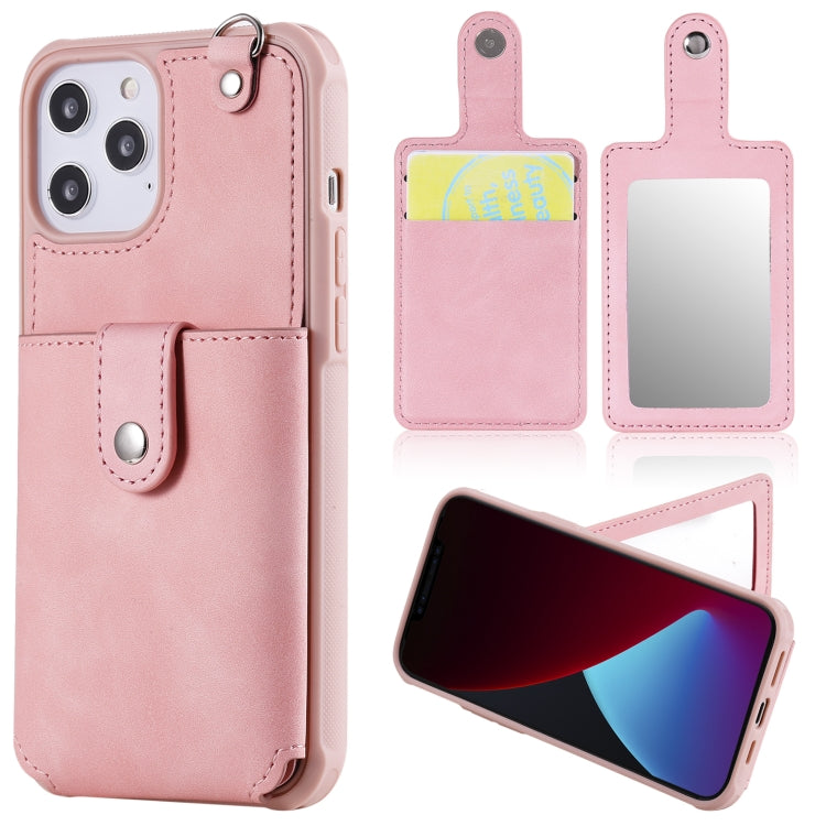 For iPhone 12 Pro Max Shockproof Protective Case with Mirror & Card Slot & Short Lanyard
