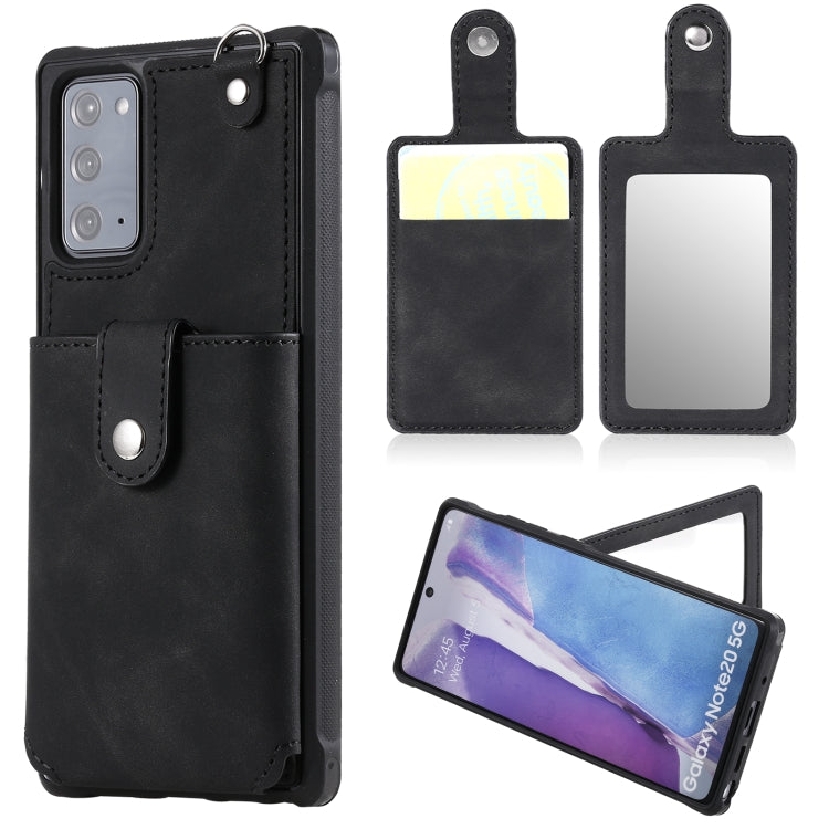 For Samsung Galaxy Note20 Shockproof Protective Case with Mirror & Card Slot & Short Lanyard