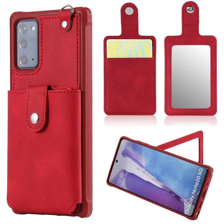 For Samsung Galaxy Note20 Shockproof Protective Case with Mirror & Card Slot & Short Lanyard