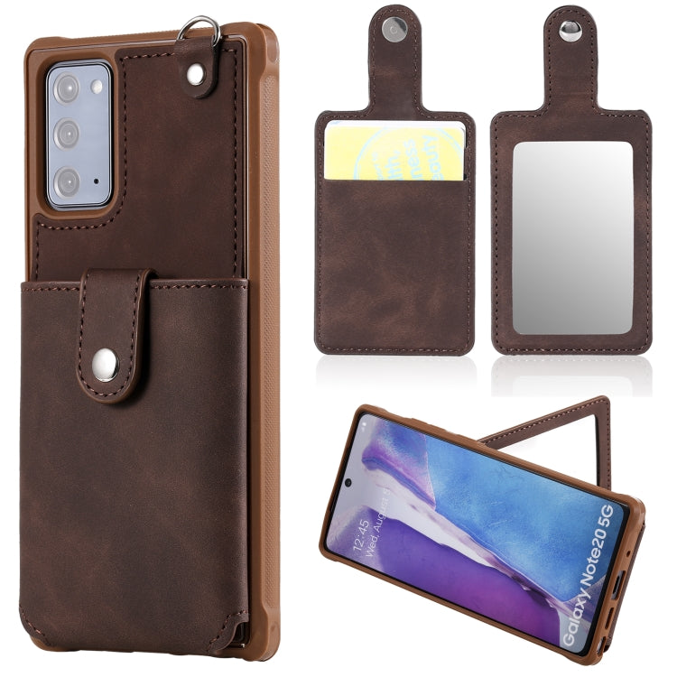 For Samsung Galaxy Note20 Shockproof Protective Case with Mirror & Card Slot & Short Lanyard