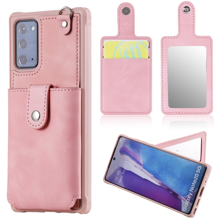 For Samsung Galaxy Note20 Shockproof Protective Case with Mirror & Card Slot & Short Lanyard