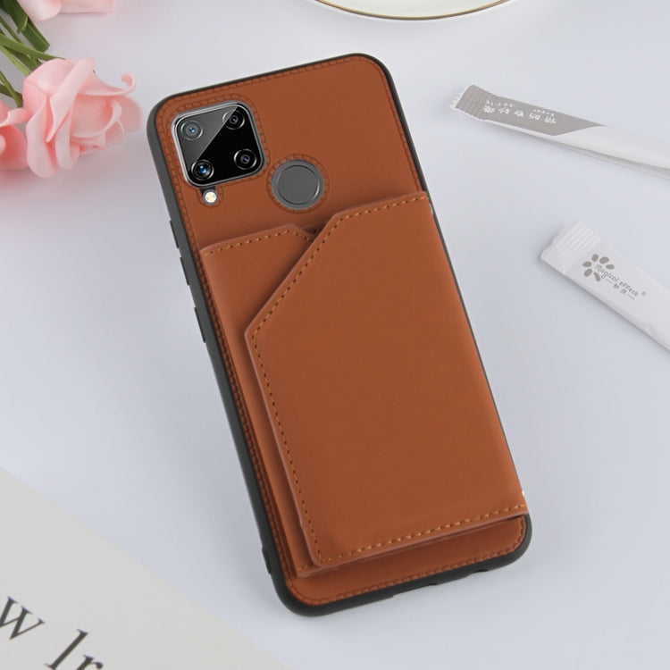 For OPPO Realme C15 Skin Feel PU + TPU + PC Back Cover Shockproof Case with Card Slots & Holder & Photo Frame