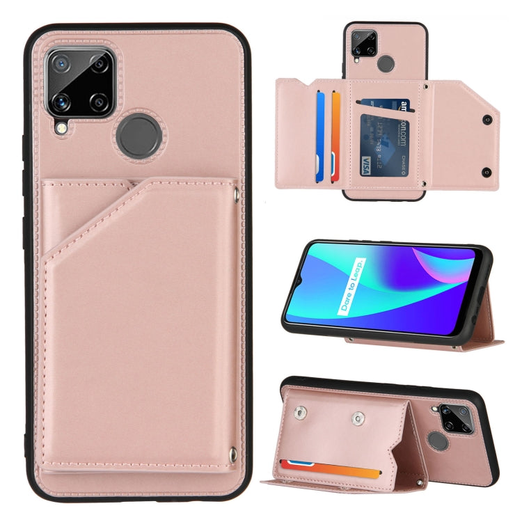 For OPPO Realme C15 Skin Feel PU + TPU + PC Back Cover Shockproof Case with Card Slots & Holder & Photo Frame