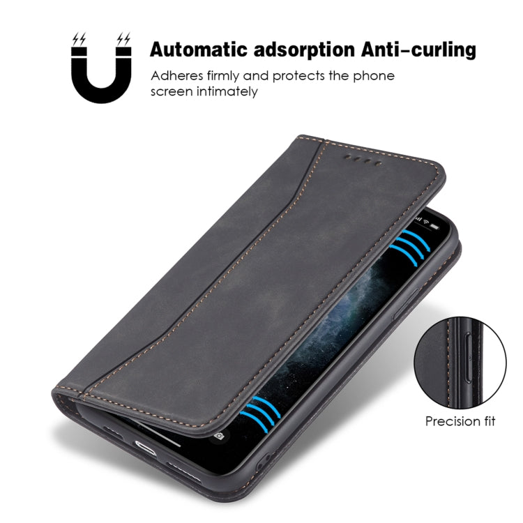 For iPhone 11 Skin-feel Calfskin Texture Magnetic Dual-Fold Horizontal Flip Leather Case with Holder & Card Slots & Wallet