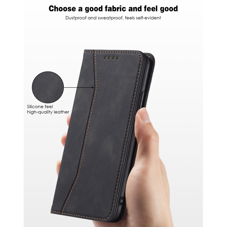 For iPhone 11 Skin-feel Calfskin Texture Magnetic Dual-Fold Horizontal Flip Leather Case with Holder & Card Slots & Wallet