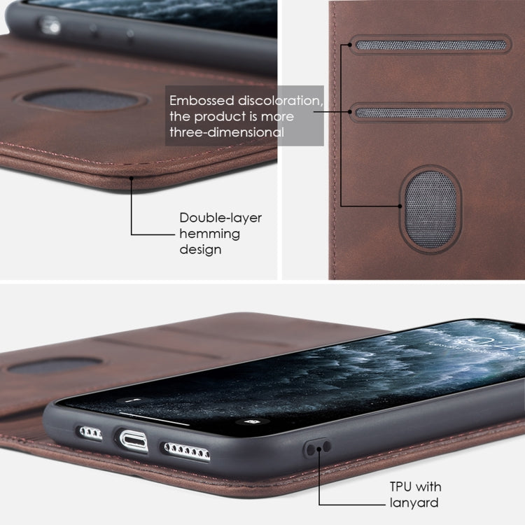 For iPhone 11 Skin-feel Calfskin Texture Magnetic Dual-Fold Horizontal Flip Leather Case with Holder & Card Slots & Wallet