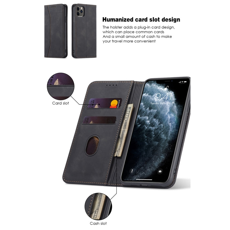 For iPhone 11 Pro Max Skin-feel Calfskin Texture Magnetic Dual-Fold Horizontal Flip Leather Case with Holder & Card Slots & Wallet