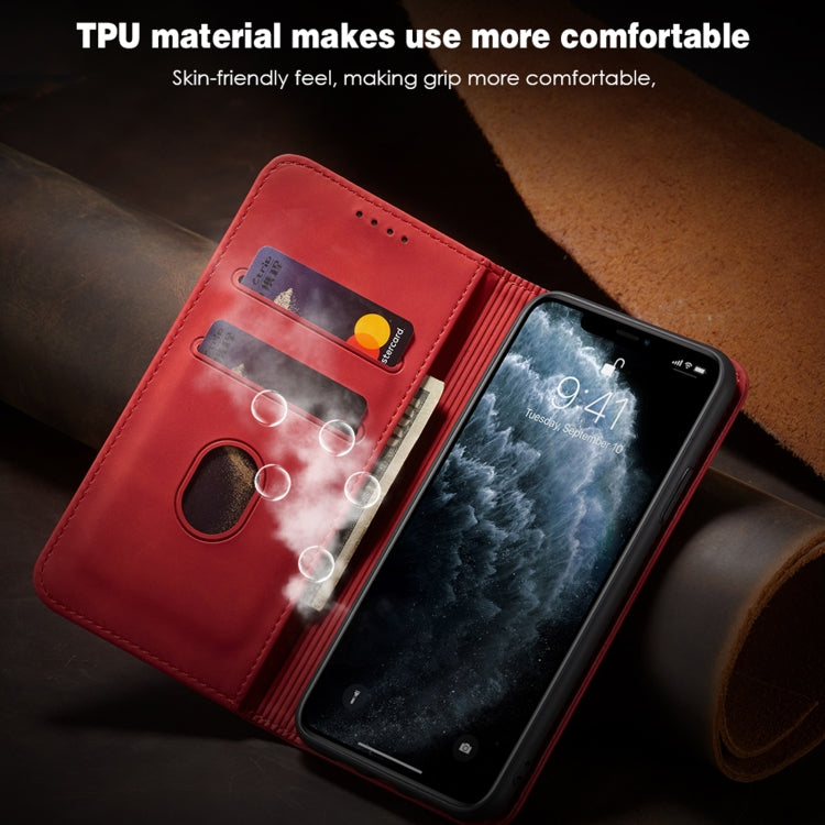 For iPhone 11 Pro Max Skin-feel Calfskin Texture Magnetic Dual-Fold Horizontal Flip Leather Case with Holder & Card Slots & Wallet