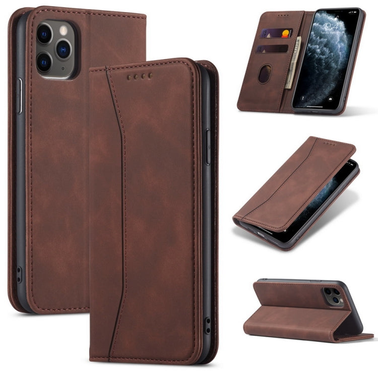 For iPhone 11 Pro Max Skin-feel Calfskin Texture Magnetic Dual-Fold Horizontal Flip Leather Case with Holder & Card Slots & Wallet