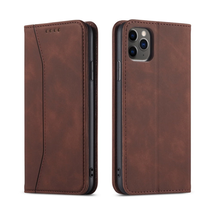 For iPhone 11 Pro Max Skin-feel Calfskin Texture Magnetic Dual-Fold Horizontal Flip Leather Case with Holder & Card Slots & Wallet