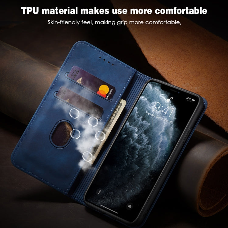 For iPhone 11 Pro Max Skin-feel Calfskin Texture Magnetic Dual-Fold Horizontal Flip Leather Case with Holder & Card Slots & Wallet