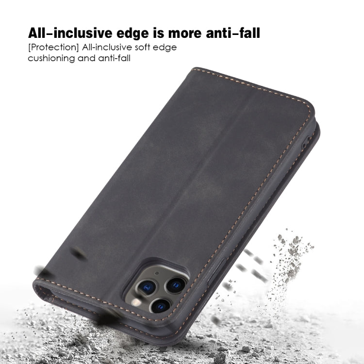 For iPhone 12 / 12 Pro Skin-feel Calfskin Texture Magnetic Dual-Fold Horizontal Flip Leather Case with Holder & Card Slots & Wallet