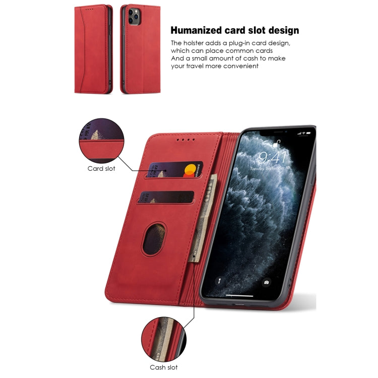 For iPhone 12 / 12 Pro Skin-feel Calfskin Texture Magnetic Dual-Fold Horizontal Flip Leather Case with Holder & Card Slots & Wallet
