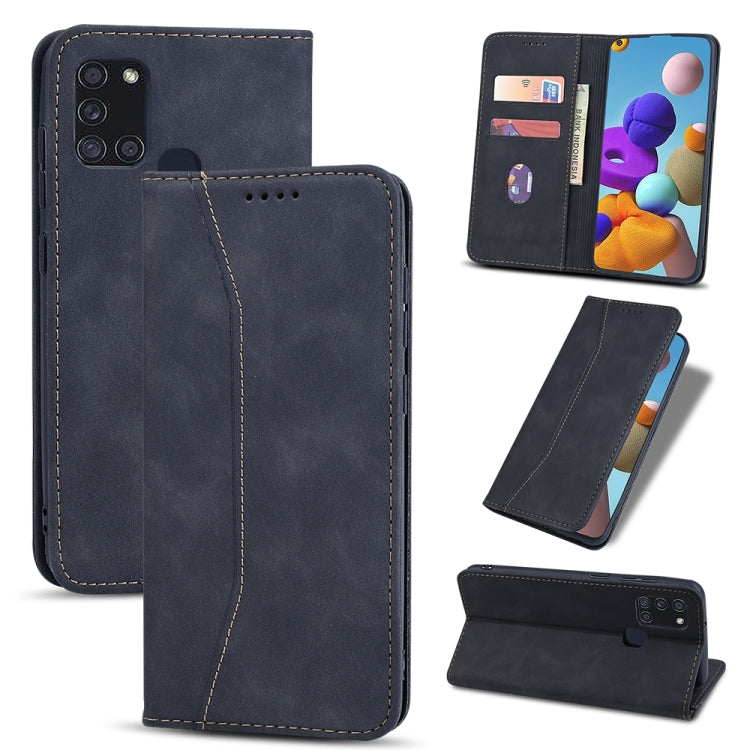 For Samsung Galaxy A21s Skin-feel Calfskin Texture Magnetic Dual-Fold Horizontal Flip Leather Case with Holder & Card Slots & Wallet