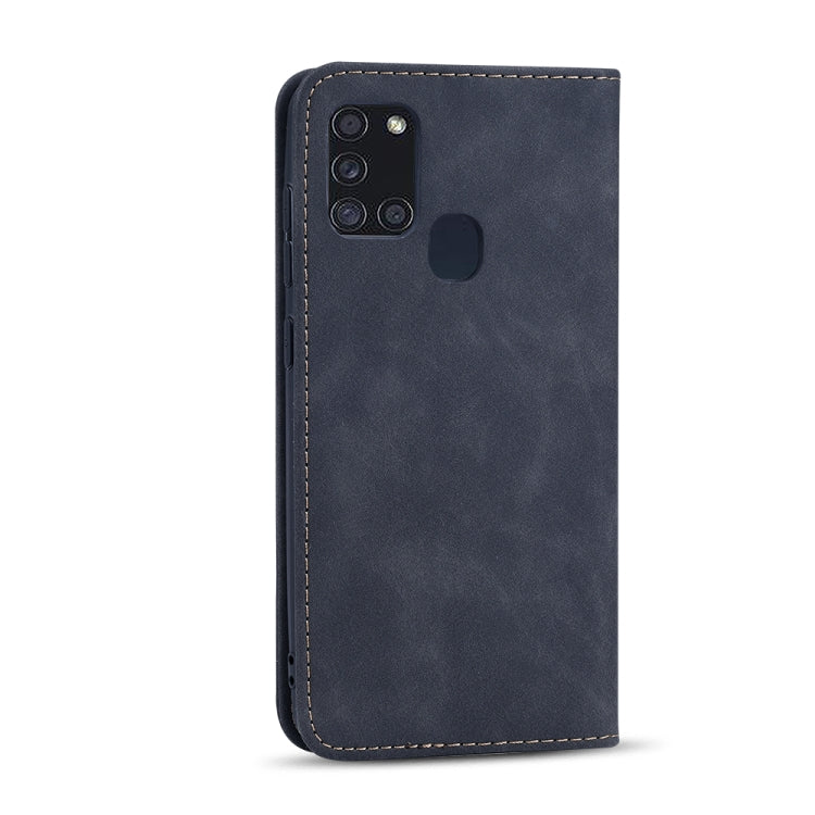 For Samsung Galaxy A21s Skin-feel Calfskin Texture Magnetic Dual-Fold Horizontal Flip Leather Case with Holder & Card Slots & Wallet