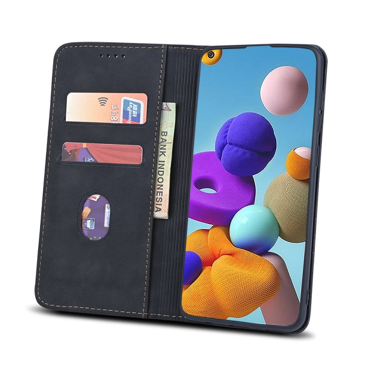 For Samsung Galaxy A21s Skin-feel Calfskin Texture Magnetic Dual-Fold Horizontal Flip Leather Case with Holder & Card Slots & Wallet