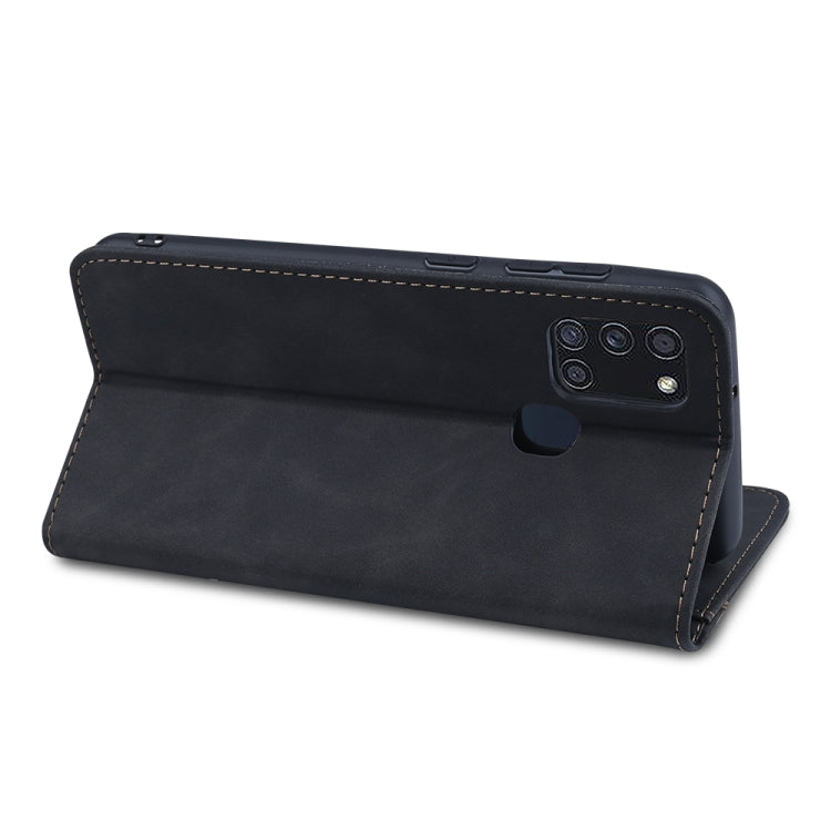 For Samsung Galaxy A21s Skin-feel Calfskin Texture Magnetic Dual-Fold Horizontal Flip Leather Case with Holder & Card Slots & Wallet