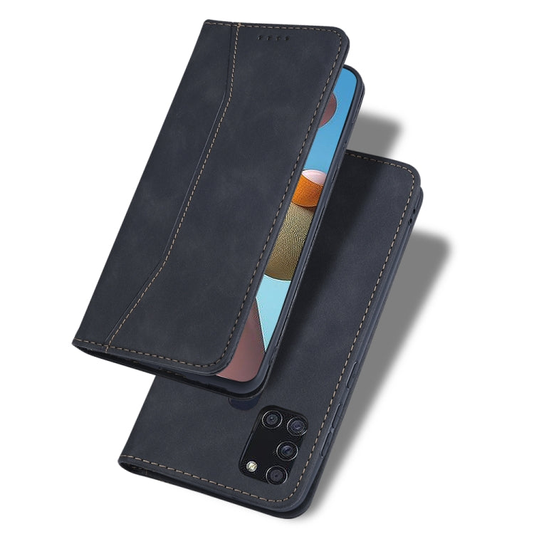 For Samsung Galaxy A21s Skin-feel Calfskin Texture Magnetic Dual-Fold Horizontal Flip Leather Case with Holder & Card Slots & Wallet