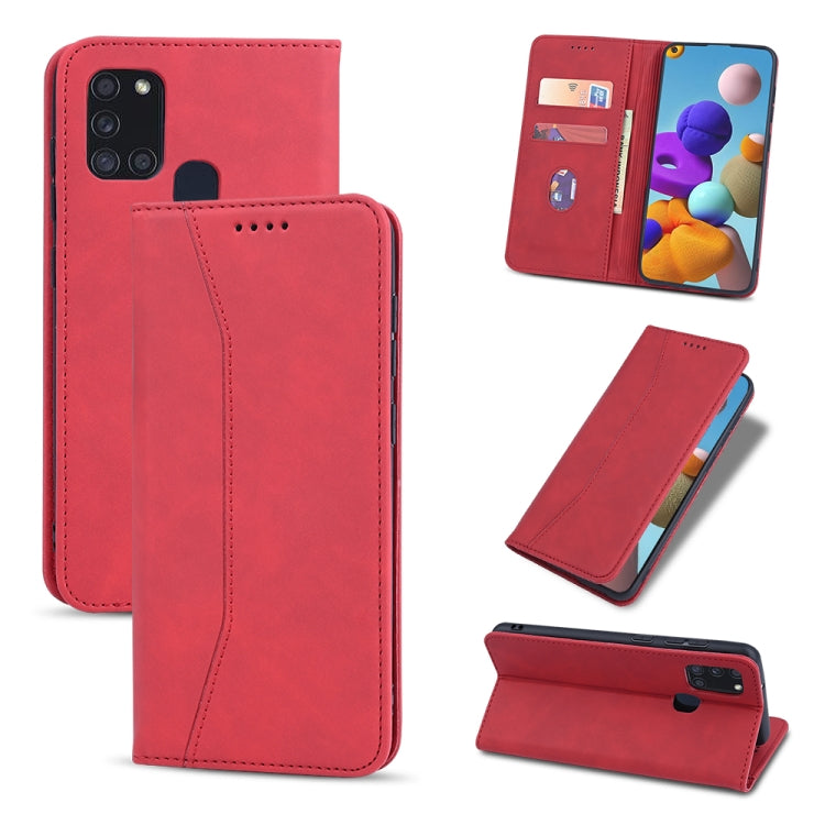 For Samsung Galaxy A21s Skin-feel Calfskin Texture Magnetic Dual-Fold Horizontal Flip Leather Case with Holder & Card Slots & Wallet
