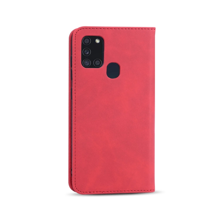 For Samsung Galaxy A21s Skin-feel Calfskin Texture Magnetic Dual-Fold Horizontal Flip Leather Case with Holder & Card Slots & Wallet