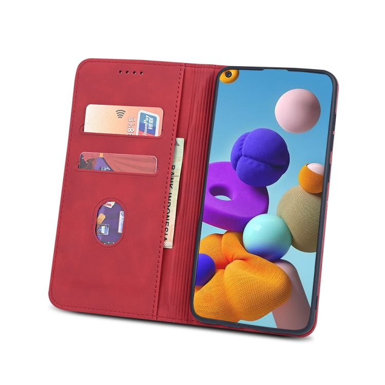 For Samsung Galaxy A21s Skin-feel Calfskin Texture Magnetic Dual-Fold Horizontal Flip Leather Case with Holder & Card Slots & Wallet