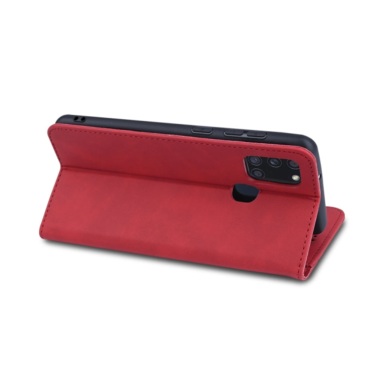 For Samsung Galaxy A21s Skin-feel Calfskin Texture Magnetic Dual-Fold Horizontal Flip Leather Case with Holder & Card Slots & Wallet
