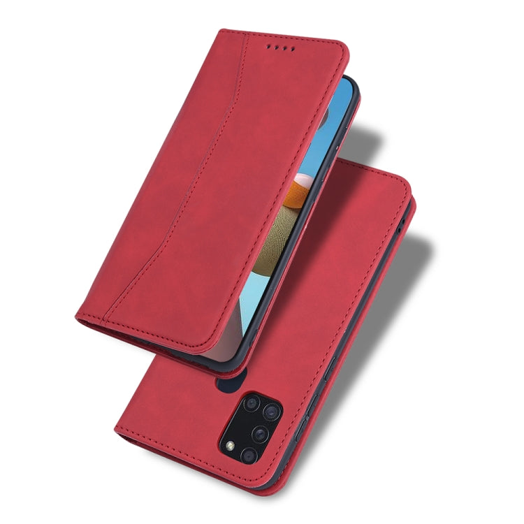 For Samsung Galaxy A21s Skin-feel Calfskin Texture Magnetic Dual-Fold Horizontal Flip Leather Case with Holder & Card Slots & Wallet