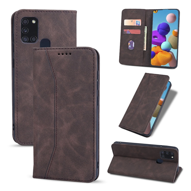 For Samsung Galaxy A21s Skin-feel Calfskin Texture Magnetic Dual-Fold Horizontal Flip Leather Case with Holder & Card Slots & Wallet