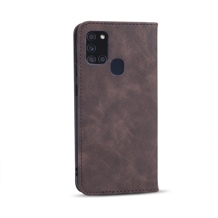 For Samsung Galaxy A21s Skin-feel Calfskin Texture Magnetic Dual-Fold Horizontal Flip Leather Case with Holder & Card Slots & Wallet