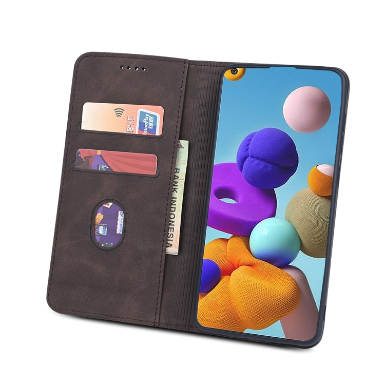 For Samsung Galaxy A21s Skin-feel Calfskin Texture Magnetic Dual-Fold Horizontal Flip Leather Case with Holder & Card Slots & Wallet