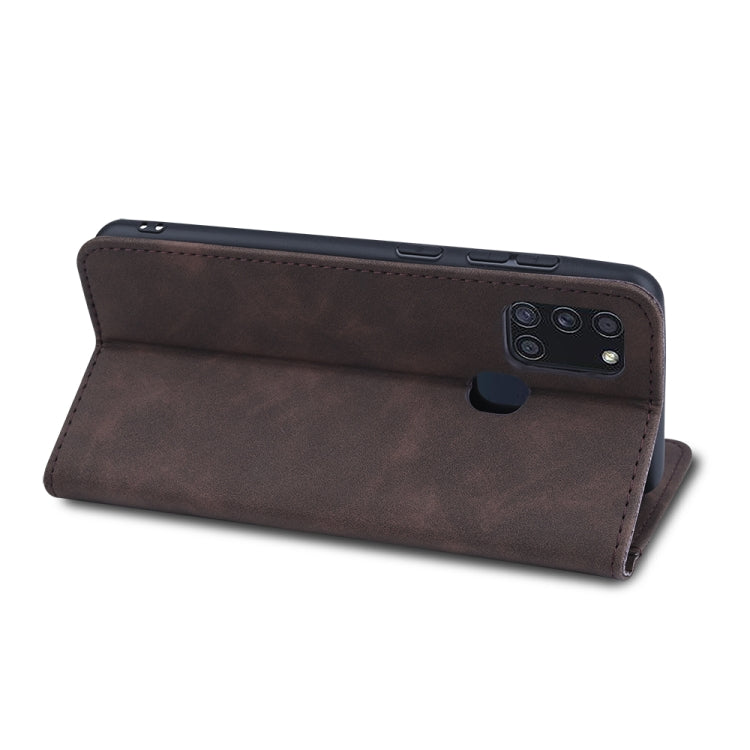 For Samsung Galaxy A21s Skin-feel Calfskin Texture Magnetic Dual-Fold Horizontal Flip Leather Case with Holder & Card Slots & Wallet