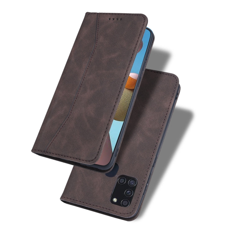 For Samsung Galaxy A21s Skin-feel Calfskin Texture Magnetic Dual-Fold Horizontal Flip Leather Case with Holder & Card Slots & Wallet