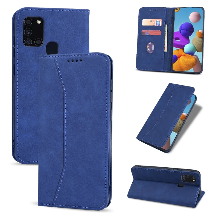 For Samsung Galaxy A21s Skin-feel Calfskin Texture Magnetic Dual-Fold Horizontal Flip Leather Case with Holder & Card Slots & Wallet