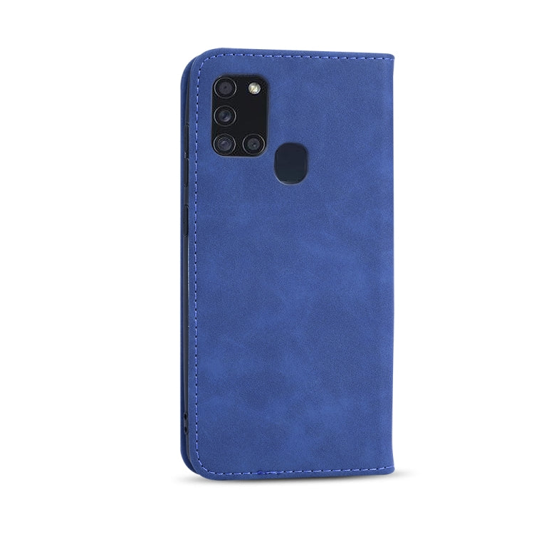 For Samsung Galaxy A21s Skin-feel Calfskin Texture Magnetic Dual-Fold Horizontal Flip Leather Case with Holder & Card Slots & Wallet