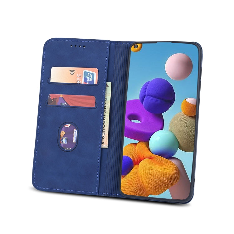 For Samsung Galaxy A21s Skin-feel Calfskin Texture Magnetic Dual-Fold Horizontal Flip Leather Case with Holder & Card Slots & Wallet