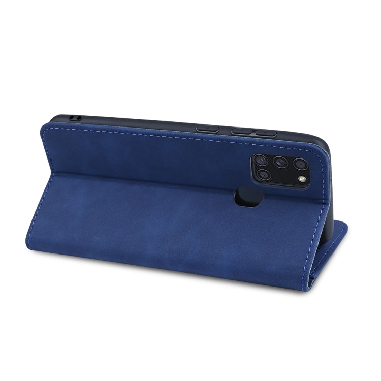 For Samsung Galaxy A21s Skin-feel Calfskin Texture Magnetic Dual-Fold Horizontal Flip Leather Case with Holder & Card Slots & Wallet