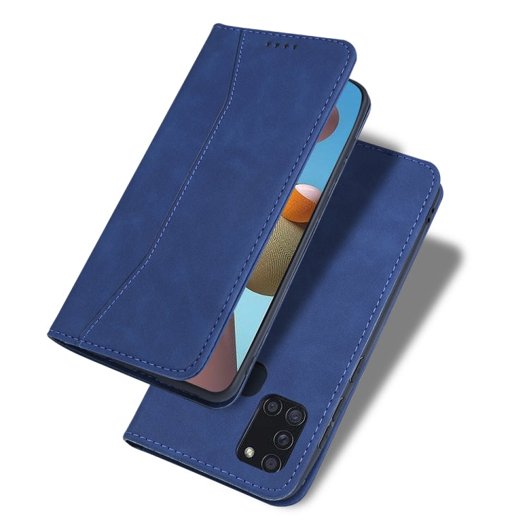 For Samsung Galaxy A21s Skin-feel Calfskin Texture Magnetic Dual-Fold Horizontal Flip Leather Case with Holder & Card Slots & Wallet