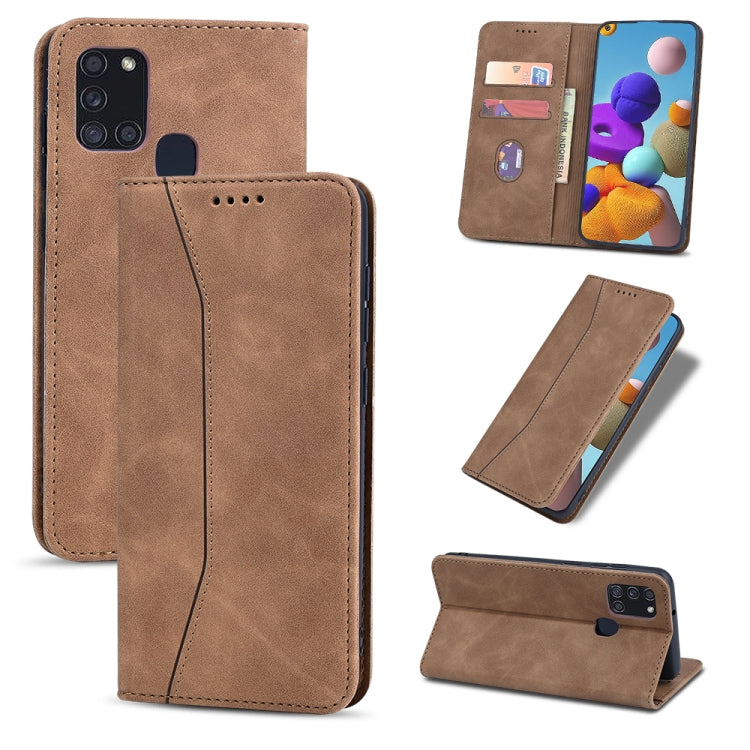 For Samsung Galaxy A21s Skin-feel Calfskin Texture Magnetic Dual-Fold Horizontal Flip Leather Case with Holder & Card Slots & Wallet