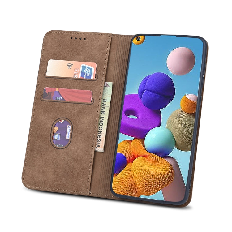 For Samsung Galaxy A21s Skin-feel Calfskin Texture Magnetic Dual-Fold Horizontal Flip Leather Case with Holder & Card Slots & Wallet