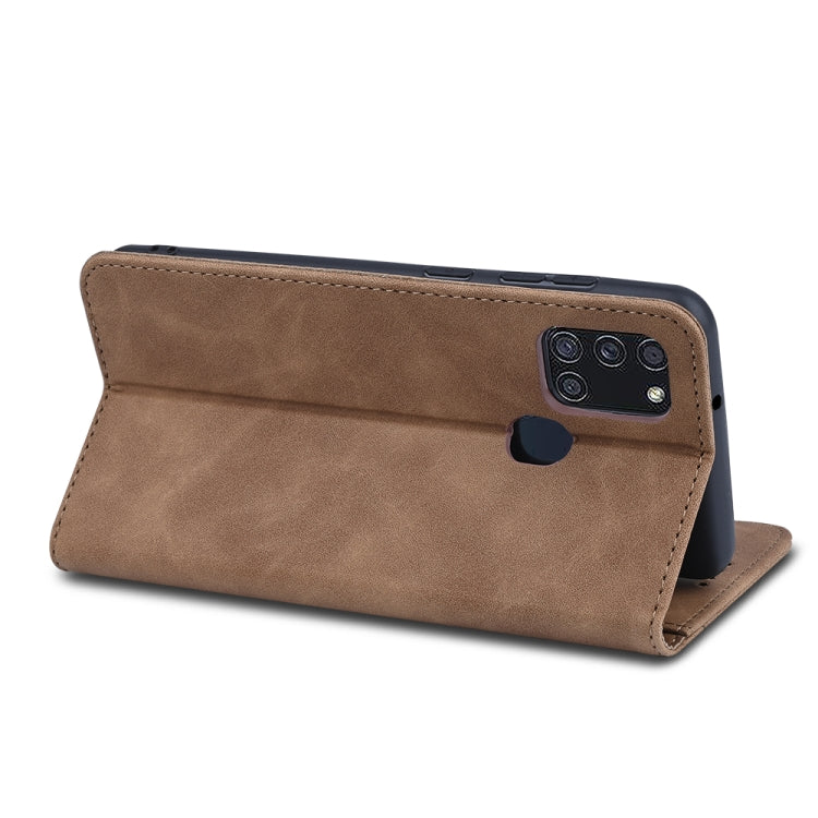 For Samsung Galaxy A21s Skin-feel Calfskin Texture Magnetic Dual-Fold Horizontal Flip Leather Case with Holder & Card Slots & Wallet