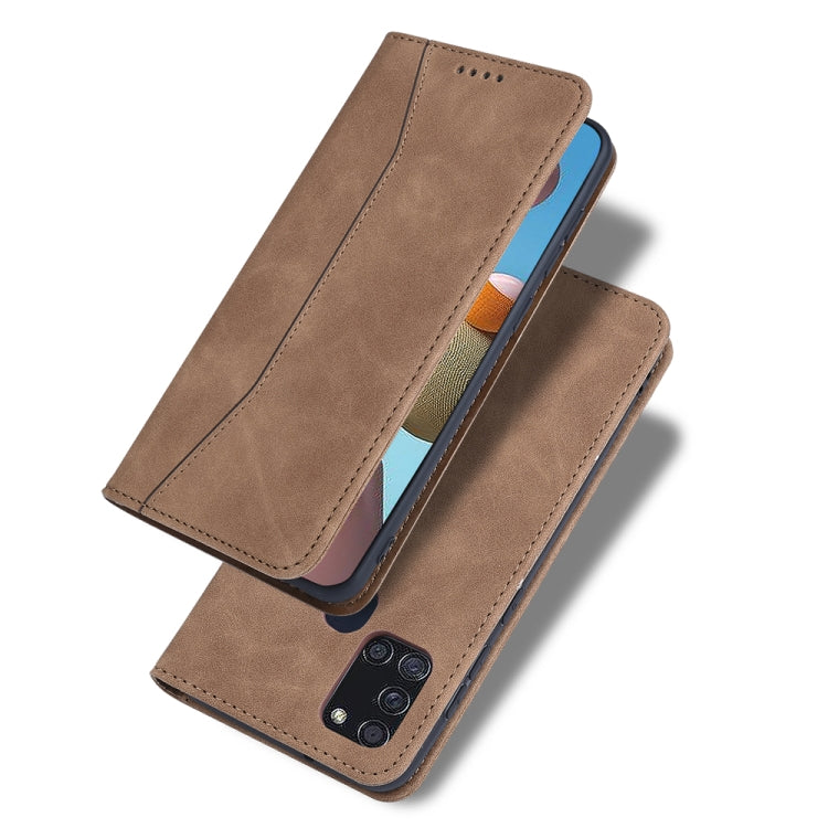 For Samsung Galaxy A21s Skin-feel Calfskin Texture Magnetic Dual-Fold Horizontal Flip Leather Case with Holder & Card Slots & Wallet