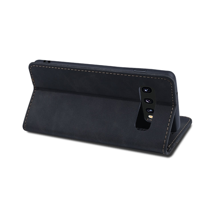 For Samsung Galaxy S10 Skin-feel Calfskin Texture Magnetic Dual-Fold Horizontal Flip Leather Case with Holder & Card Slots & Wallet