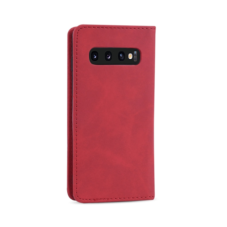 For Samsung Galaxy S10 Skin-feel Calfskin Texture Magnetic Dual-Fold Horizontal Flip Leather Case with Holder & Card Slots & Wallet