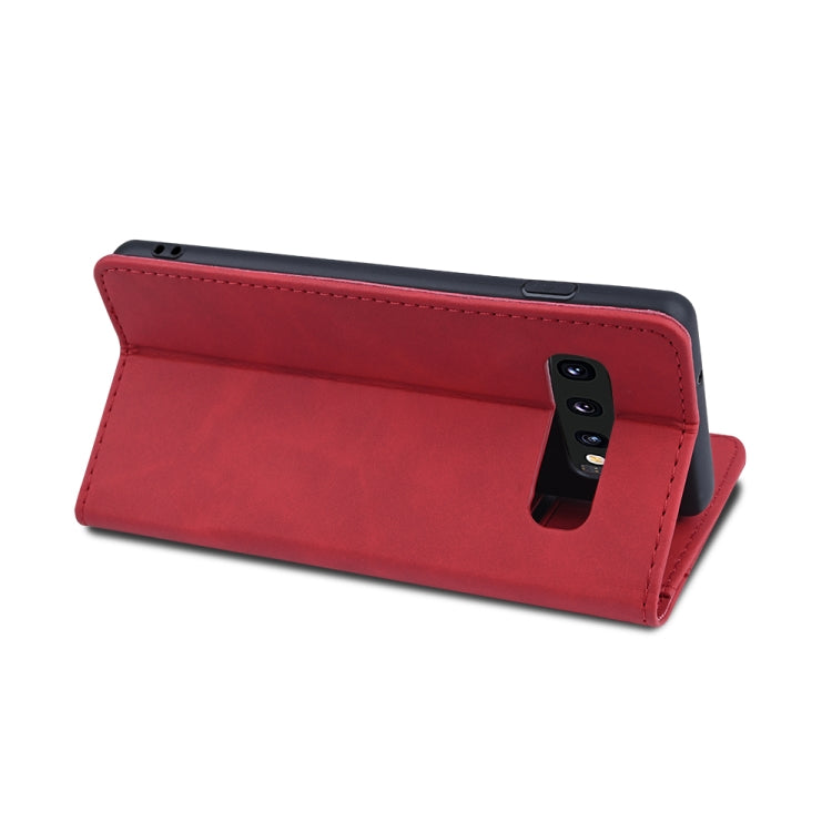 For Samsung Galaxy S10 Skin-feel Calfskin Texture Magnetic Dual-Fold Horizontal Flip Leather Case with Holder & Card Slots & Wallet