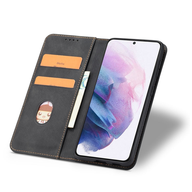 For Samsung Galaxy S21+ 5G Skin-feel Calfskin Texture Magnetic Dual-Fold Horizontal Flip Leather Case with Holder & Card Slots & Wallet